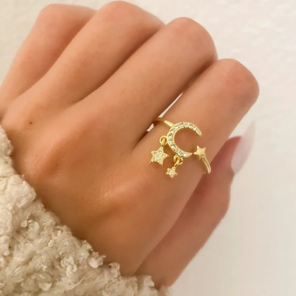925 Sterling Silver Dangle Moon & Star Ring Gold Ring Dainty Gold Ring